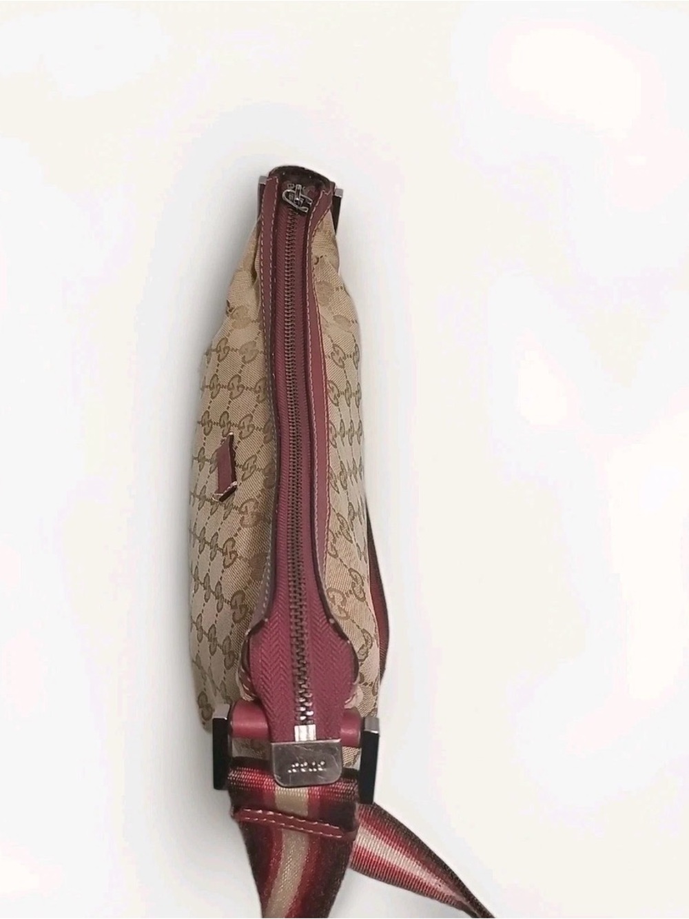 Gucci Beige GG Canvas Crossbody Bag with Burgundy Trim and Striped Strap - Picture 13 of 15